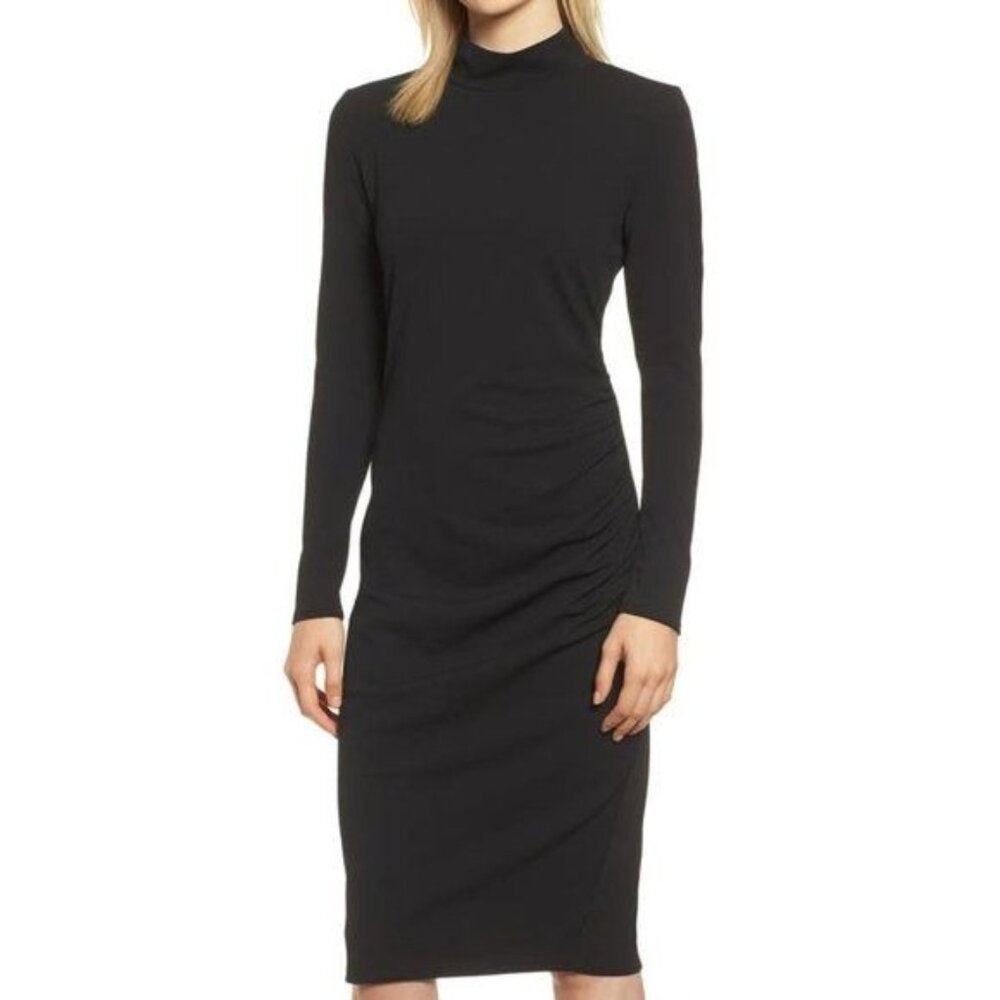 Chelsea28 Ruched Crepe Long Sleeve Mock Neck Body-Con Dress in Black - Sz M